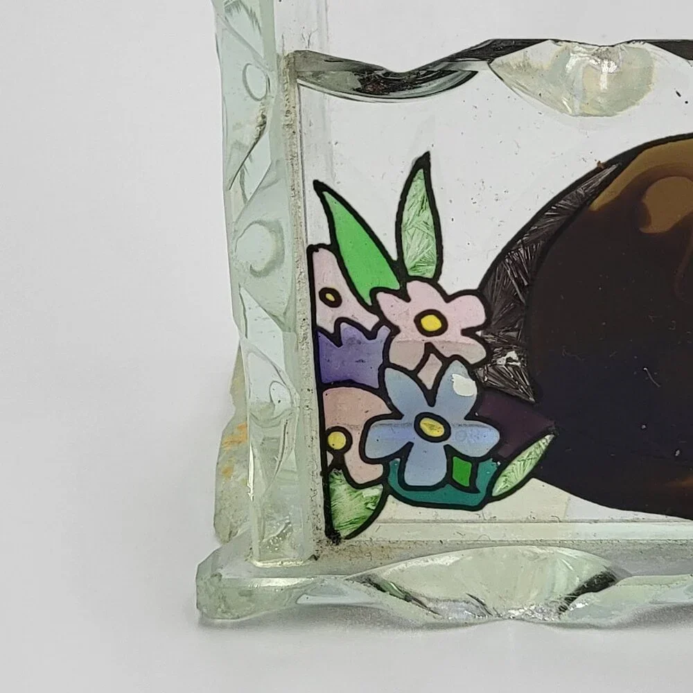 Vtg Tiffany Cats Hand Painted Glass Card Holder By Joan Baker